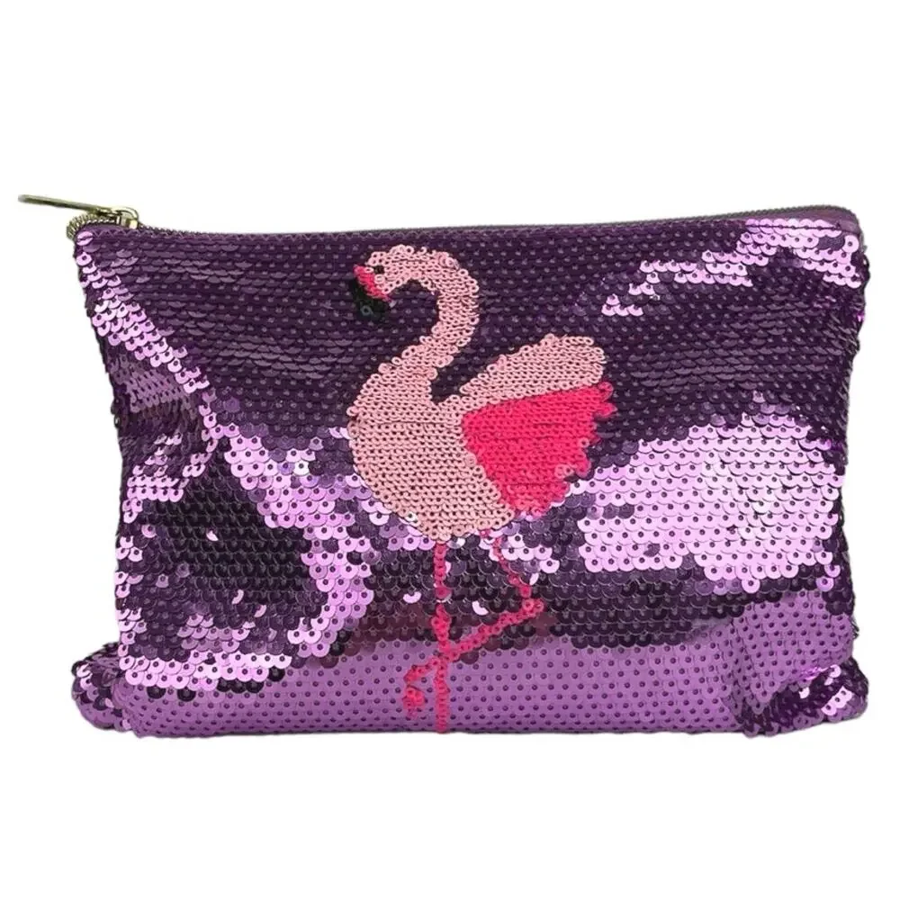 Tarte Purple Pink Flamingo Zip Sequin Purse Clutch Pouch Cosmetic Makeup Bag